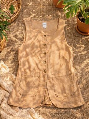 Anthropologie Maeve Tan Linen Blend Button Front Tank Top Pockets Size M